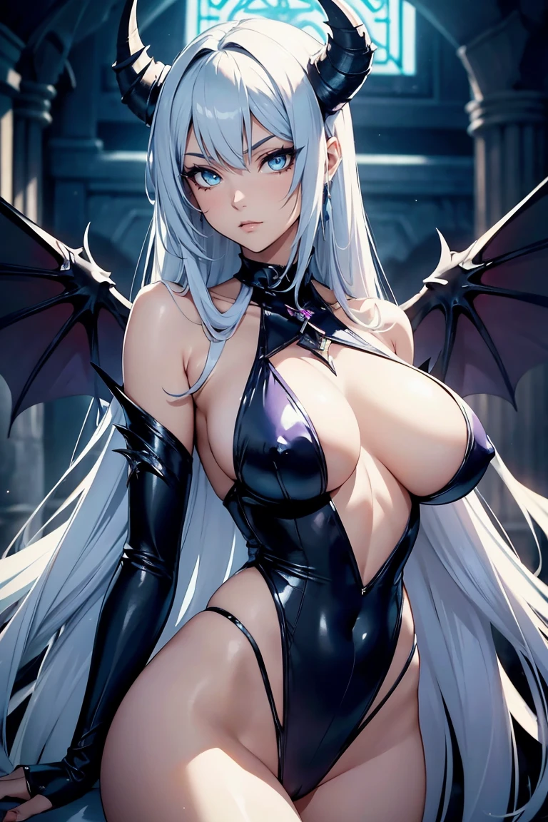 Concept art of a hentai video game character. The character is a woman named Raleena. She is an ancient succubus, who is the leader of the succubi residing at the abandoned chateau. She is extremely dangerous and posseses vast magical abilities. She is beautiful beyond the measure of human imagination and as such, she is irresistible to most human males. She is extremely tall, measuring about three meters in height. Her skin has a pale blue color. She has a large pair of silver demonic wings on her back. She has a very long demonic tail. From her head grows four silver horns. Her face is androgynous and beautiful. She has yellow demonic eyes. She has long hair of dark blue color. She has full thighs and big tits.She is fully naked except for a pair of silver ankle bracelets and a pair of silver wrist bracelets. concept art, video game concept art, hentai game, anime, full body, best quality, masterpiece, maximum detail, high resolution, (((anime))), (((waifu))), (((hentai))), perfect anatomy, from the front, detailed background