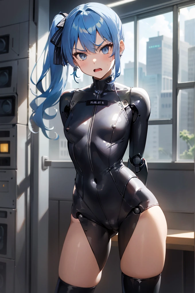 1girl, solo, detailed face, , , long hair,(((robot arms,robot legs))),sf,standing,looking viewer,side ponytail,small breasts,,(bodysuit),nsfw,,thigh boots,arms behind back,angry,cowboy shot,indoor