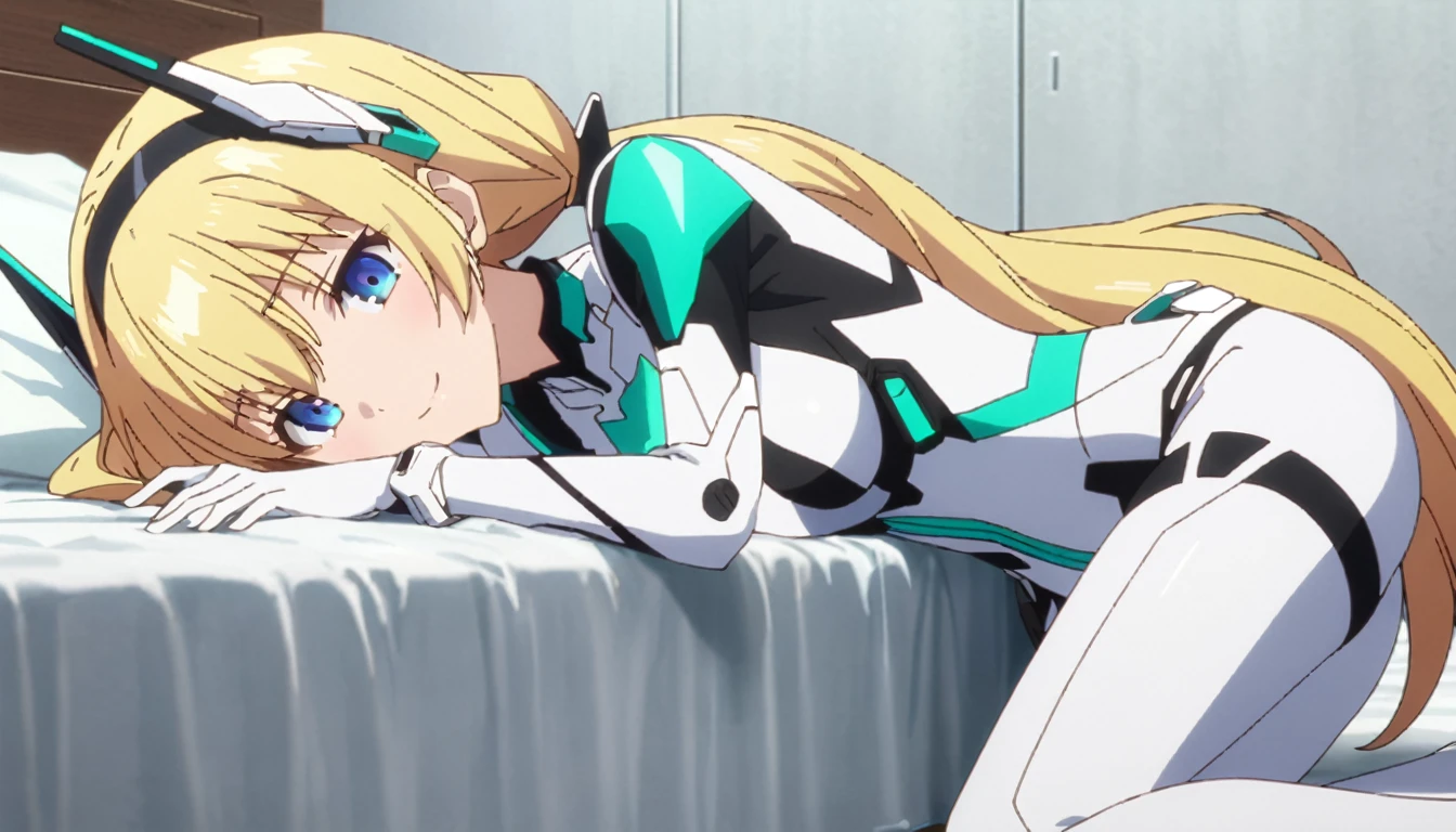 score_9, score_8_up, score_7_up, source_anime, absurdres, bedroom, frll body, 1girl, solo, angelabalzac, blonde hair, blue eyes, deva battle suit, elbow gloves, headgear, long hair, low twintails, twintails, very long hair, smile, lying, on side, looking at viewer, masterpiece, best quality, very aesthetic, anime screencap, highly detailed, 8k, 