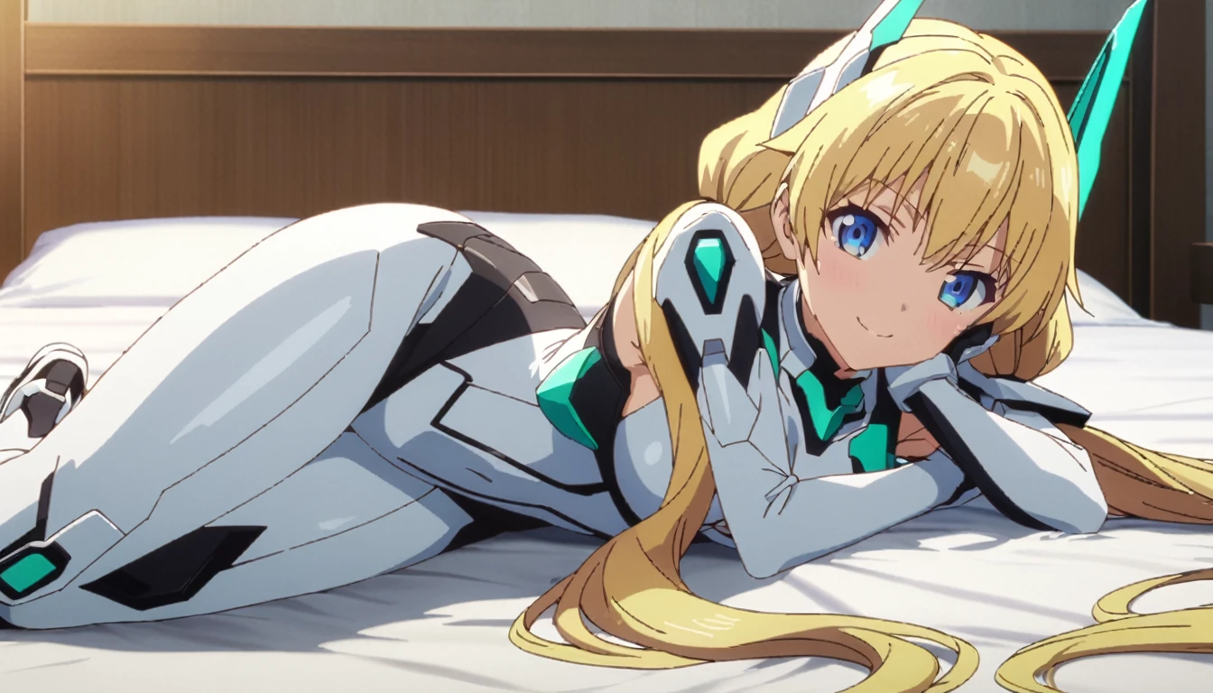 score_9, score_8_up, score_7_up, source_anime, absurdres, bedroom, frll body, 1girl, solo, angelabalzac, blonde hair, blue eyes, deva battle suit, elbow gloves, headgear, long hair, low twintails, twintails, very long hair, smile, lying, on side, looking at viewer, masterpiece, best quality, very aesthetic, anime screencap, highly detailed, 8k, 