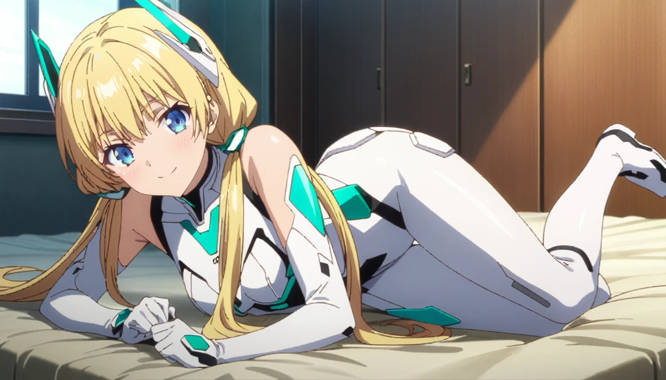 score_9, score_8_up, score_7_up, source_anime, absurdres, bedroom, frll body, 1girl, solo, angelabalzac, blonde hair, blue eyes, deva battle suit, elbow gloves, headgear, long hair, low twintails, twintails, very long hair, smile, lying, on side, looking at viewer, masterpiece, best quality, very aesthetic, anime screencap, highly detailed, 8k, 