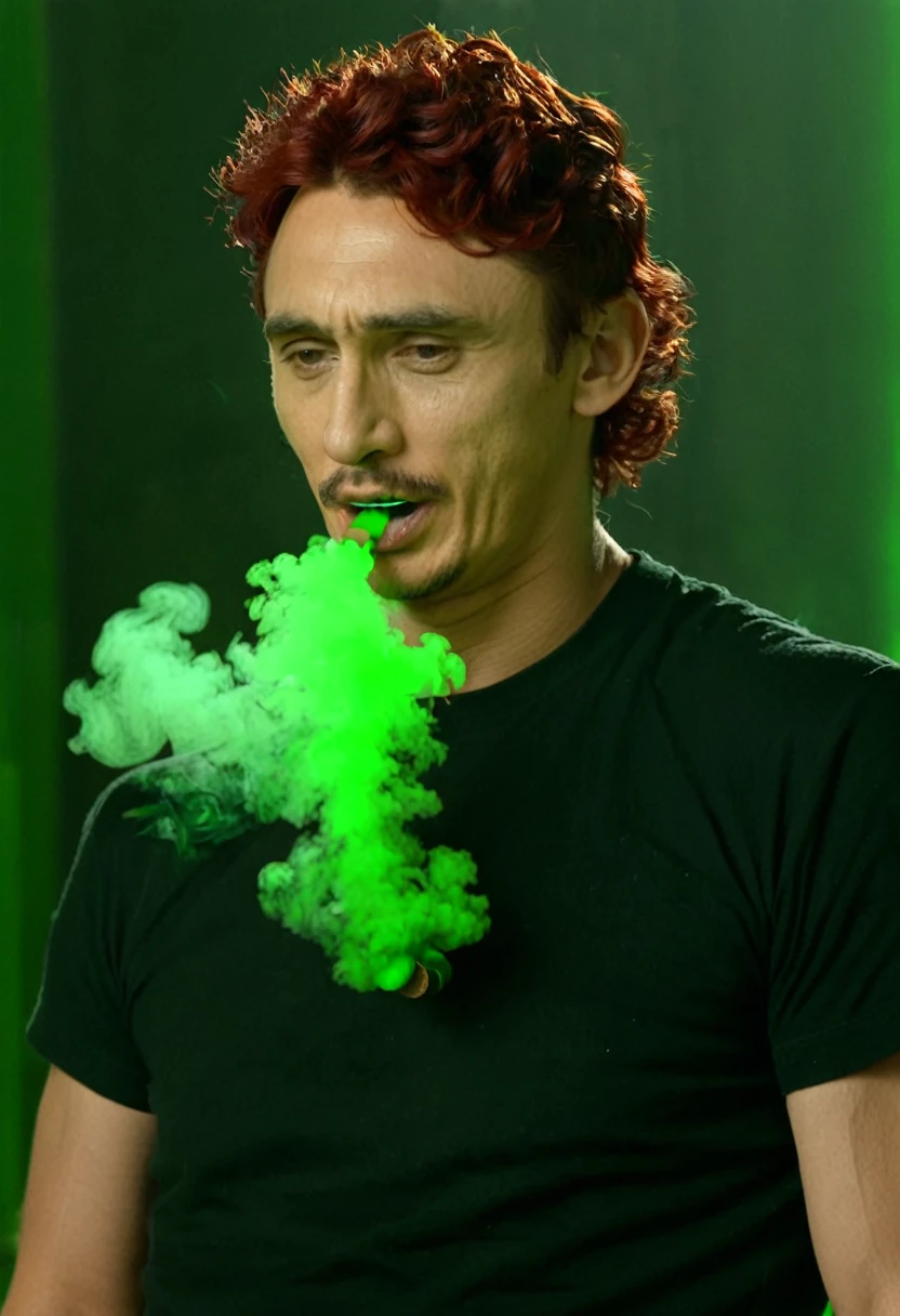 James Franco with red hair inhales green gas that filled the entire room
