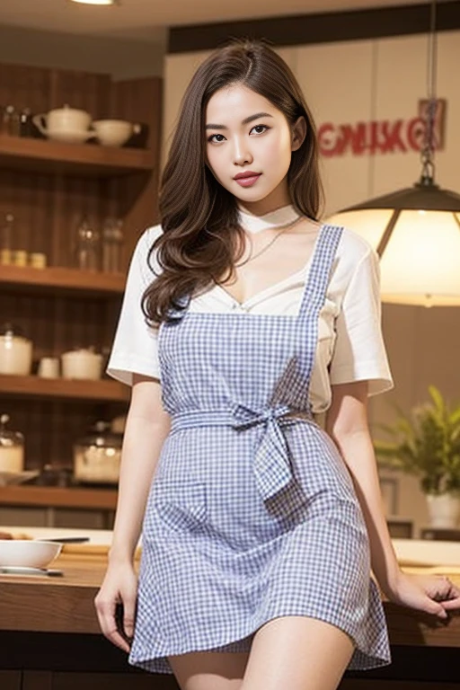 ooki masterpiece、Highest quality、Ultra-high resolution、(Photorealistic:1.6)、1 girl、(Long Hair:1.5)、(round face:1.3)、(Gingham check suspender apron:1.3)、(Plain blue high waist skirt:1.3)、(Apron skirt:1.2)、(White blouse:1.3)、(Double-breasted、Underbust:1.2)、Short sleeve、Button Gap、(Plump body:1.2)、(Smooth Skin:1.1)、Dynamic pose、(chest:1.2)、Cafe、restaurant、Red lipstick、Disheveled Hair、Spreading her legs、((Thighs))、White high heels、