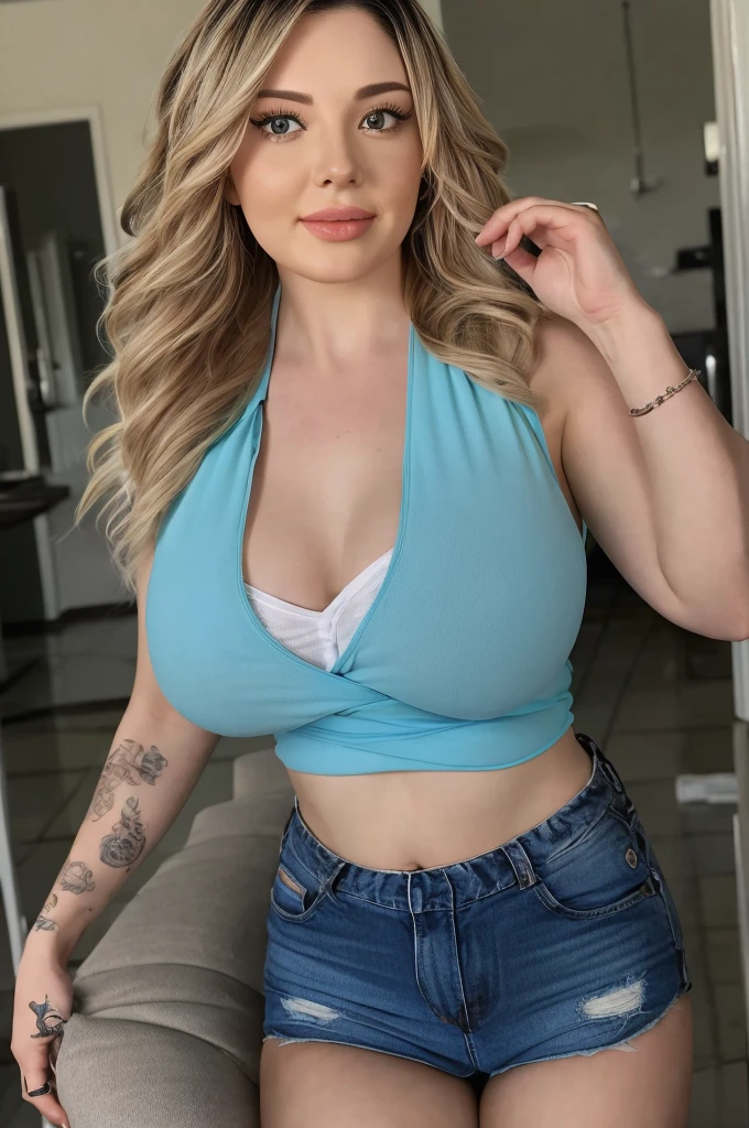 ((best qualtiy, 8K, tmasterpiece:1.3)), Focus:1.2, perfect figure beautiful woman:1.4, ed butt, ((Random Long Thick Hairstyle) ((Brown Wavy Hair In Big Curls))(Long white legs:1.3,(Crop Top With Jean Shorts:1.2) , (inside in room: 1.2), Highly detailed facial and skin texture, A detailed eye, double eyelid,Whiten skin,(Straight big breasts:ng at camera, Wear a necklace