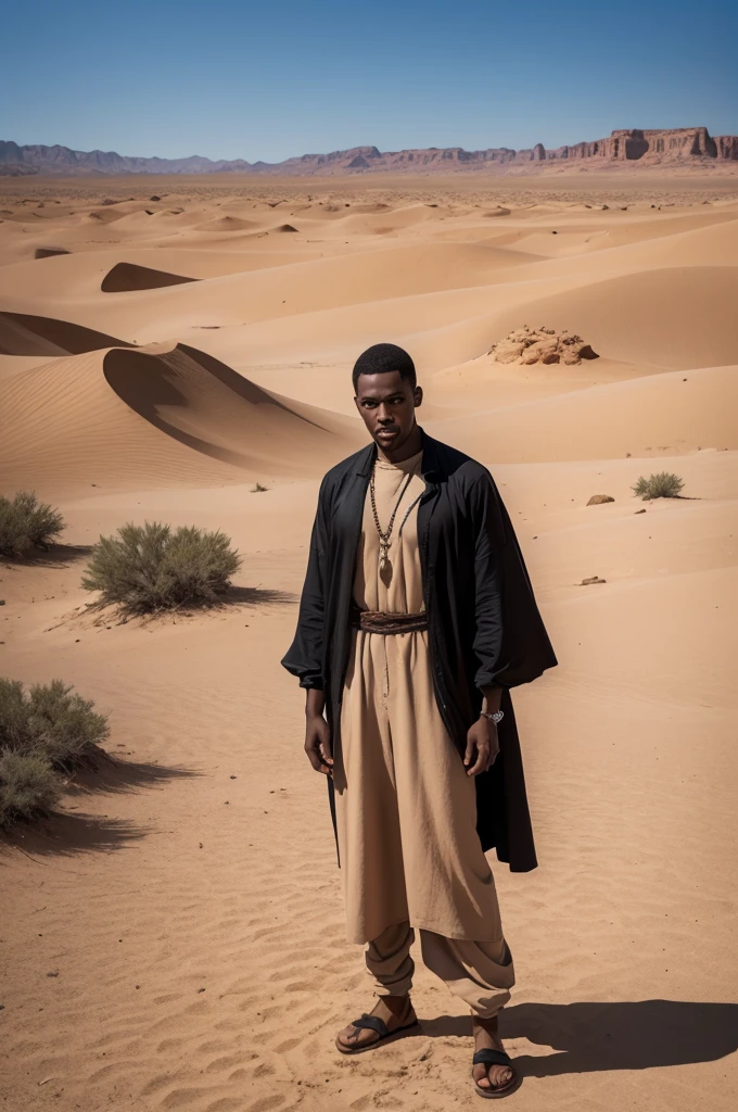 AI Image Prompt: Black Man in the Desert

Scene: A black man stands in the center of an arid desert. The sky is clear and cloudless.

Main Character: The man is slender with dark skin. He is completely covered in clothing made of straw, from head to toe.

Environment: The background of the image is a vast, lifeless desert with scattered sand and a few rocks.

