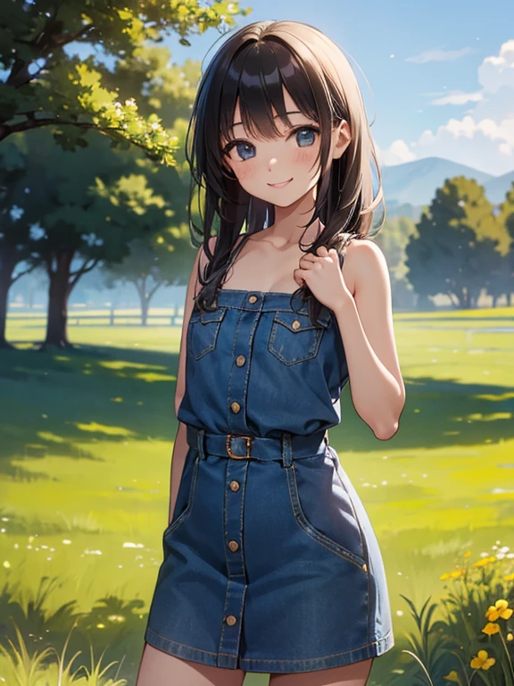 masterpiece, Best quality, girl, 10 years, (Small), cowboy shot,
 smile, standing, nude denim dress, , meadow,