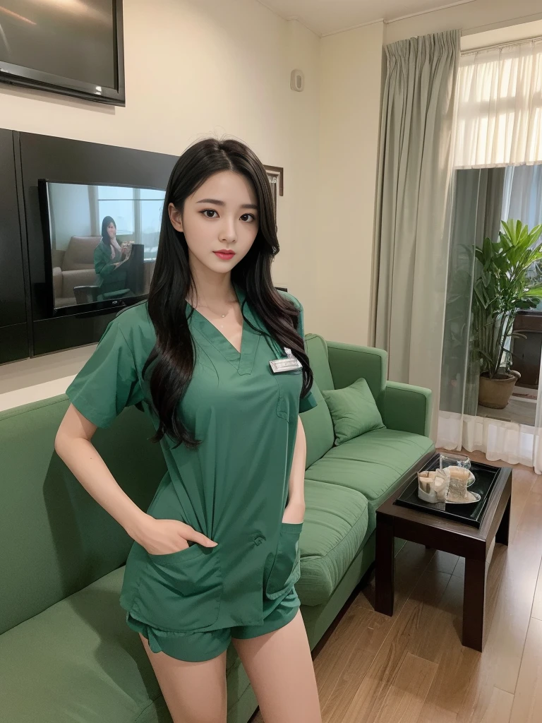 Beautiful girl in scrubs standing in front of living room sofa., walk into the house.,Medium bust,long black hair,sexually,green scrub,realistically,realistic