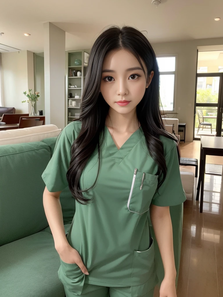 Beautiful girl in scrubs standing in front of living room sofa., walk into the house.,Medium bust,long black hair,sexually,green scrub,realistically,realistic