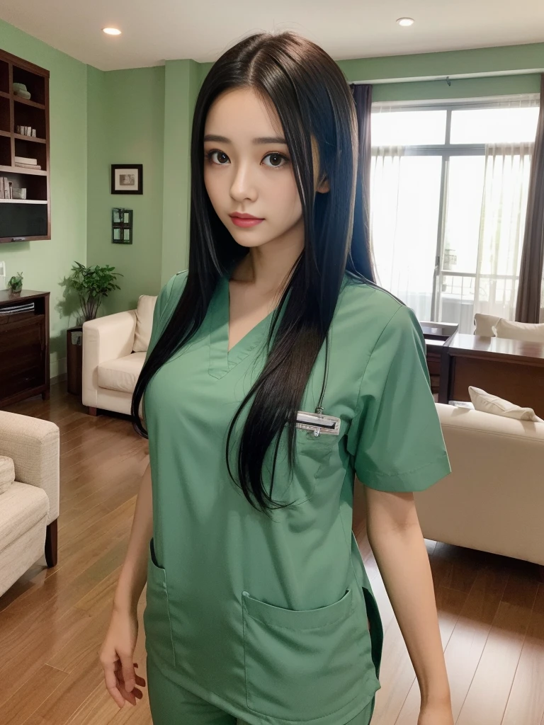 Beautiful girl in scrubs standing in front of living room sofa., walk into the house.,Medium bust,long black hair,sexually,green scrub,realistically,realistic