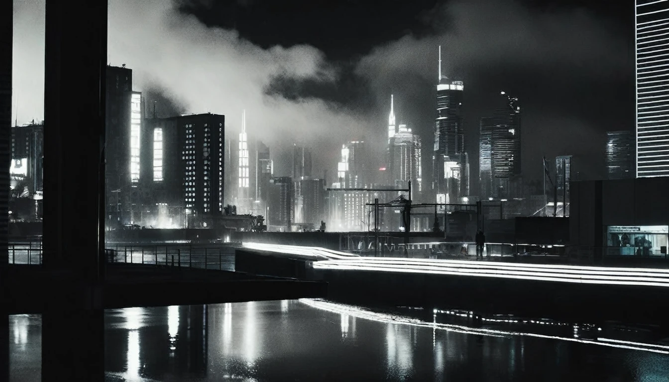 (((((A picture of a megacity is splitted in a black and white and a colored part))))).(((((A picture of a megacity is splitted in a black and white and a colored part))))).A cinematic skyline view of one megacity in split screen. Visualize a picture of a megacity which divides into two parts: One the left side of the image is in black and white filter in film noir style, the second part on the right side is in colored, cyberpunk styled cyberpunk megacity, photographic, realistic, volumetric lighting, cinematic lighting, contrast lighting, sharp focus, depth of field, raw photo, hdr, uhd, 4k, 35mm film
