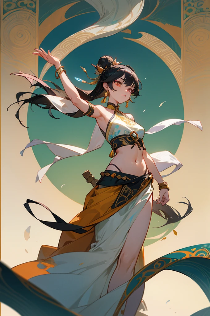 An ancient Chinese beauty stands and dances on the water, gorgeous costumes embroidered with intricate embroidery, flowing tulle, transparent long colorful ribbons tied on the arms, inspired by Dunhuang Flying Apsaras murals, showing navel, bare shoulders, bare neck, Black curly hair in a high bun with flower hairpins, ribbons on arm rings, wreaths, bracelets, anklets, metal chain tassels on the waist, Mogao Grottoes art, ink painting, cgstation pop
