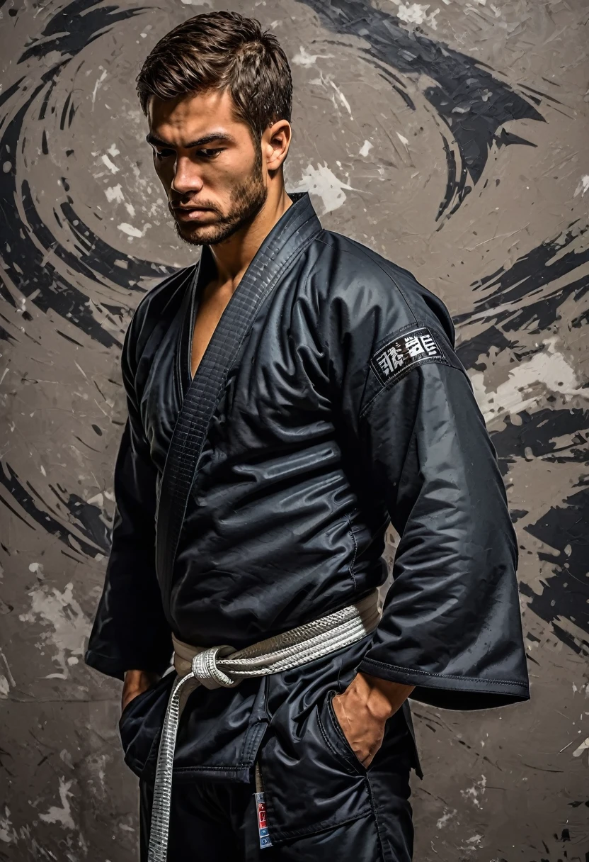 Abstract artistic background. vintage illustration, (black belt jiu jitsu fighter looking down wearing a black jiujitsu kimono 1.5 +++), figuras, monocromatic. textured background. oil on canvas. modern art. gris, wall-paper, posters, card, mural, print, wall art --ar 1:3
