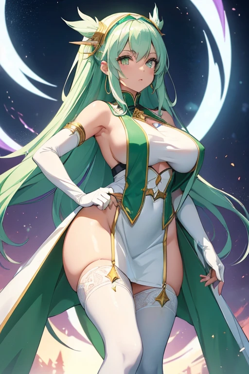 (girl1), (anime), white, with long green hair, jade green eyes, an 18 year old woman, with white stockings and a sexy dress, wearing a heroine costume consisting of a white sleeveless swimsuit with purple details and a yellow crescent moon on his chest. She also wears purple high boots, white spiked gloves and metal plates on her waist and feet, (look at the size of her breasts, they are size AA+:1.5)
