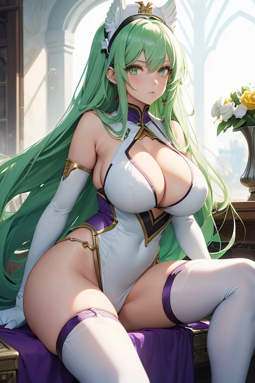 (girl1), (anime), white, with long green hair, jade green eyes, an 18 year old woman, with white stockings and a sexy dress, wearing a heroine costume consisting of a white sleeveless swimsuit with purple details and a yellow crescent moon on his chest. She also wears purple high boots, white spiked gloves and metal plates on her waist and feet, (look at the size of her breasts, they are size AA+:1.5) 