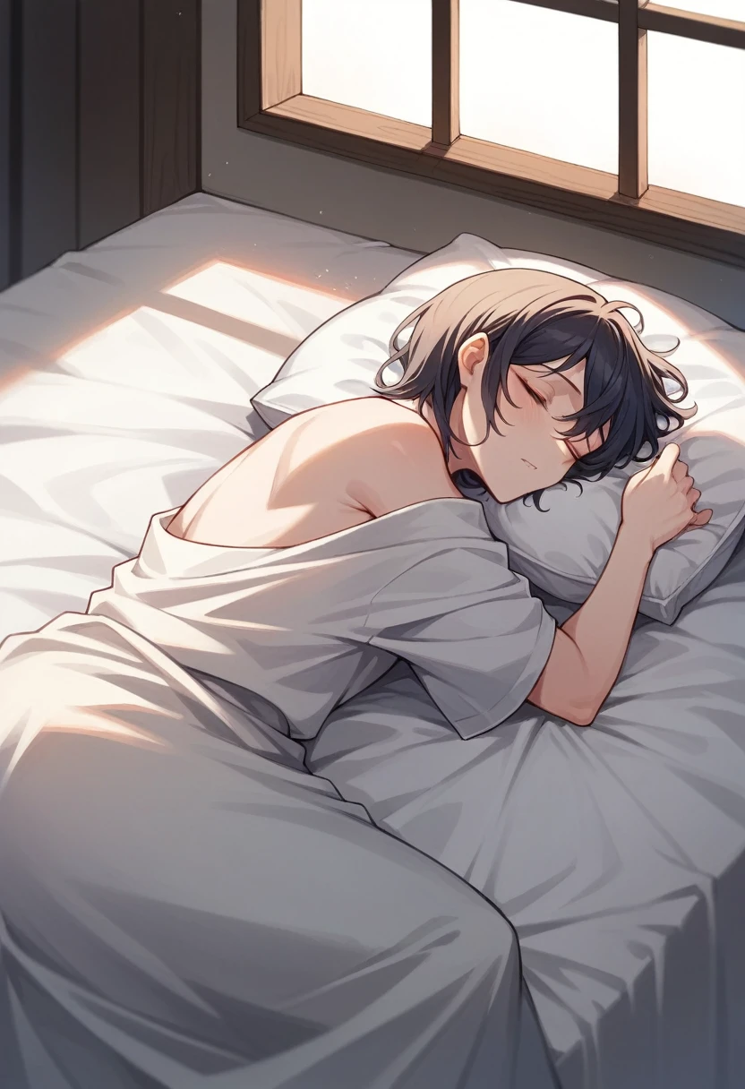 High resolution photo of a person sleeping soundly in a luxurious bed with white sheets. On the nightstand, There is an old book with a soft light emanating from its pages. The environment is cozy, with warm colors and a soft light coming through the window, suggesting an atmosphere of tranquility and rest.