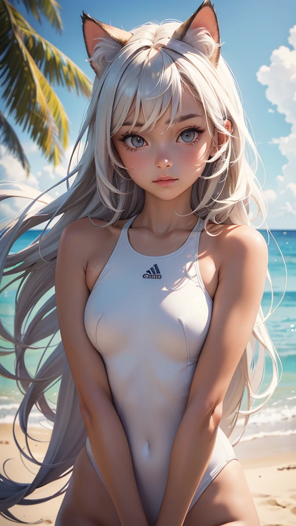(high resolution, upper body, soft skin:1.2),(best illustration,masterpiece:1.2),ultra-detailed,[(cat ears , white inside:1.2, brown cat eyes, white long hair),vivid colors,sharp focus,portrait, beach lighting,bokeh, wearing a orange sport swimsuit, beach background, full body portrait, leaning forward 