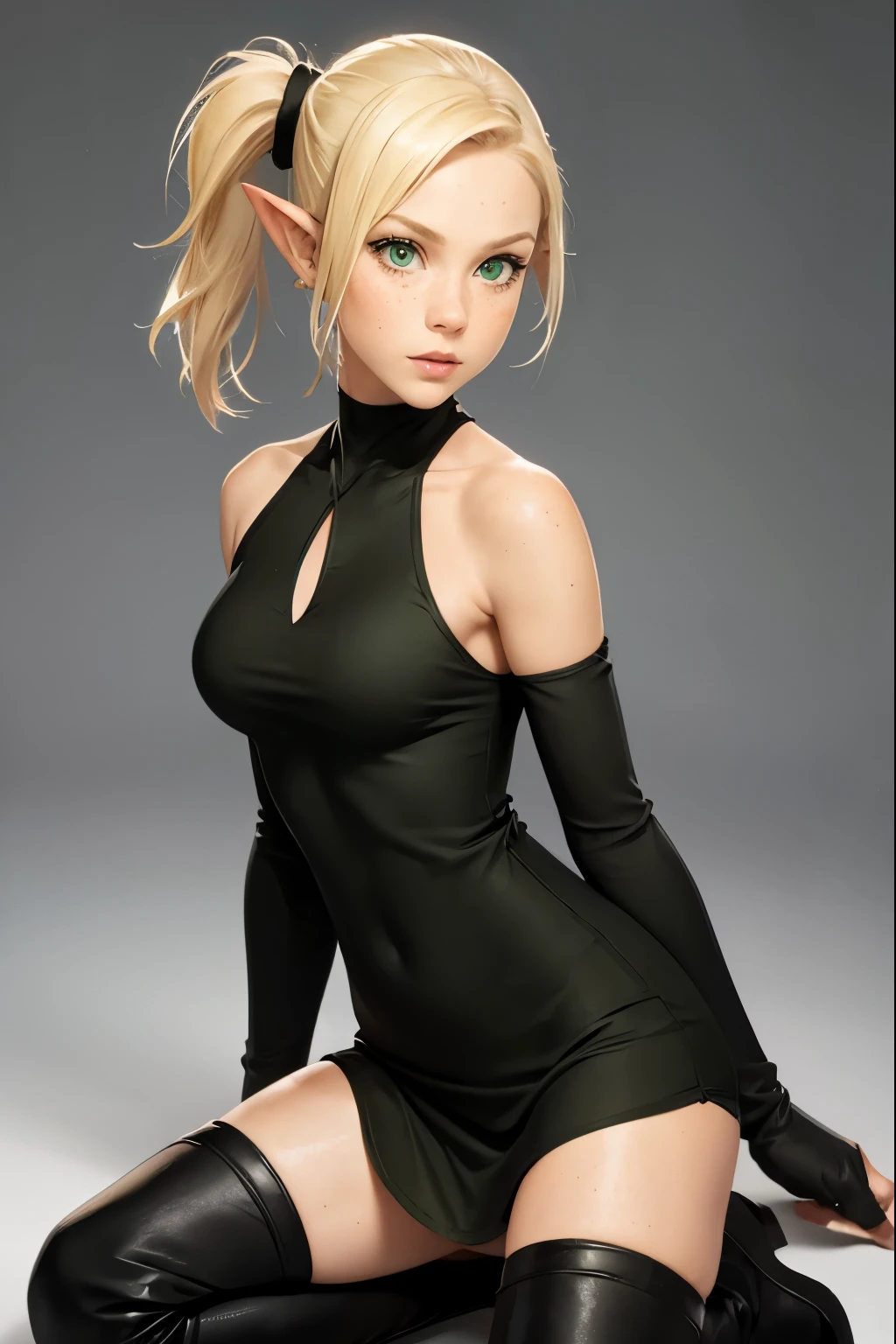 blonde, pointy ears, green eyes, freckles, ((folded ponytail)), gloves, bare shoulders, thigh boots, black dress, halterneck thighs