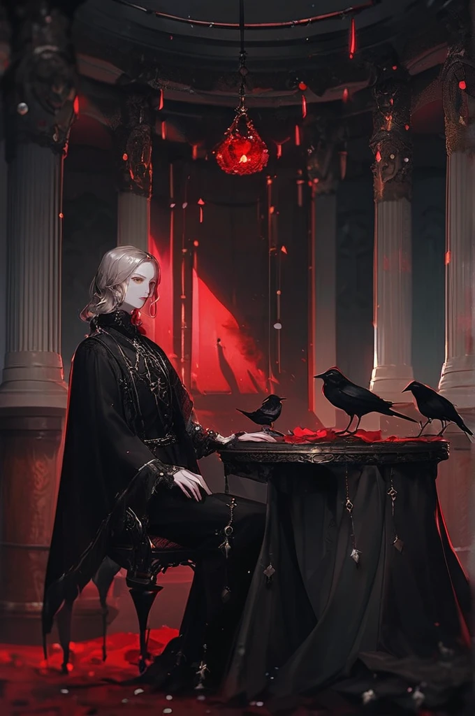 ((Лучшее качество)), ((шедевр)), (подробный), Gothic table with crows and red light
