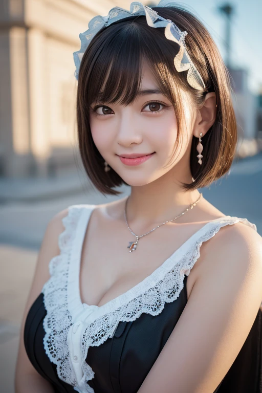girl, White skin, ((Dark brown short tiered hair)), V cut with layers and bangs, Brown eyes, Soft atmosphere characteristics (Highest quality, Ultra-high resolution, 8K, RAW Photos, Ultra-high resolution: 1.2, masterpiece: 1.3), (Realistic, Realistic: 1.37), Very detailed, Professional Lighting, Photon Mapping, Radio City, Physically Based Rendering, 2People Girl, (high school girl), Sharp focus:1.2、Beautiful woman:1.4,cute, Nice, Adorable, smile, Normal chest, necklace、Gothic Lolita Fashion、Earrings、They are smiling with their arms folded
