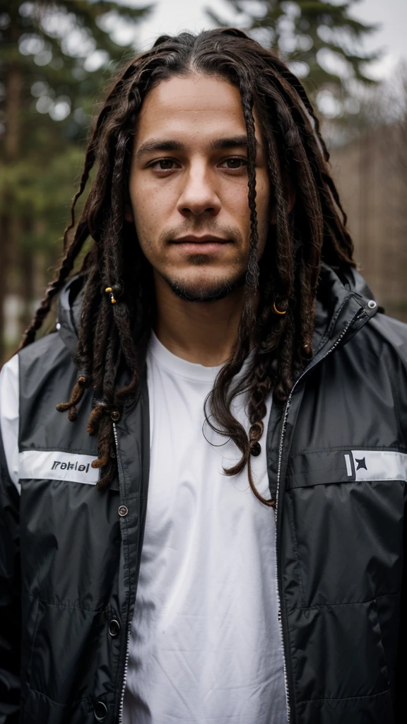 a white man with black dreadlocks, with a chin full of hair, dressed in a waterproof jacket, looking straight at the camera, ID photo
