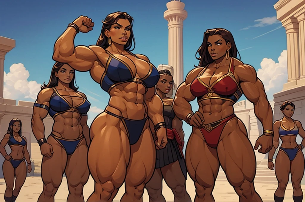 group of young girls, gladiators, young, teens, muscular, athletic, buff, attractive, curvy, powerful, varied ethnicities, incase,