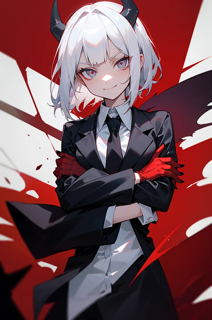 justice(helltaker), black horns, smile, white hair, demon horns, upper body, red shirt, eyewear on head, white background, necktie, tie clip, horns, fingerless gloves, black necktie, shirt, closed mouth, short sleeves, 1girl, grey eyes, black nails, black jacket, solo, demon girl, collared shirt, gloves, jacket, jacket on shoulders, short hair, red gloves , crossed arms,
