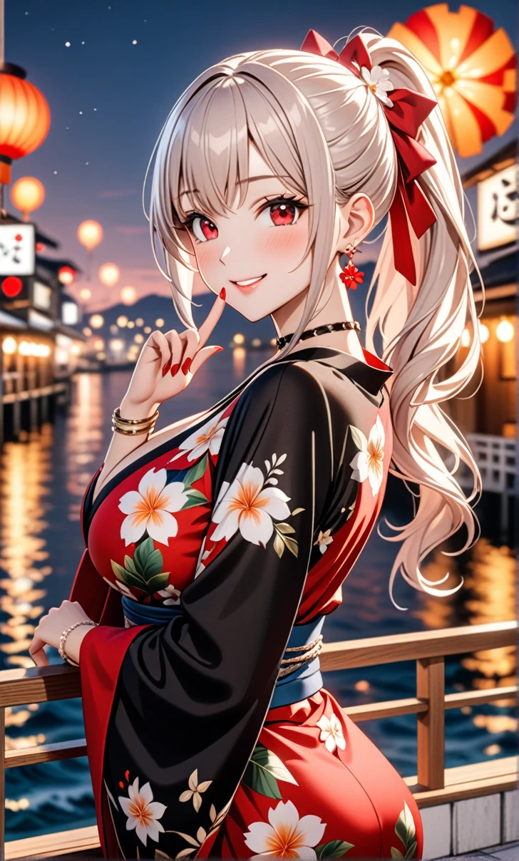 ultra-detailed, ((one girl)), hyper detailed, absurdres, 8K,Cute face, (Laugh shyly), ((teasing smile:1.8)), ((Wink:1.7)), (Laugh with your mouth wide open:1.3),(Tilt your head:1.3), (((put index finger on mouth:1.3)), View your viewers, ((Bright red cheeks:1.6)),Glossy Red Lips, ((Big Breasts:1.5)) ((Cleavage)), night, firework,Terrace by the sea, ((Anime style background)),masterpiece, Highest quality, (Brighten your face), so beautiful,Latest, Complex details, (Pink long nails), (nail art), (ring),(bracelet), (Floral Choker),AI-generated, Complex,High resolution, Highest quality, super high quality,3D Images、3D Images,One person,Long white hair,(High Ponytail), Anime woman posing for a photo, ((Fine grain, pastel blue eyes:1.3)), ((glowing eyes:1.4)), (Squint your eyes:1.1),a hyperRealistic , hyperRealistic , Realistic,Anime woman with long white hair, Smooth anime CG art, With gold embroidery、A girl in a gorgeous kimono, ((Black long sleeve kimono:1.5)),((Red large floral pattern)) ,Long flower hair ornament,Floral Earrings,Mature Body,tall,Abdominal muscles,Narrow waist,((arched back:1.9)),(front view),