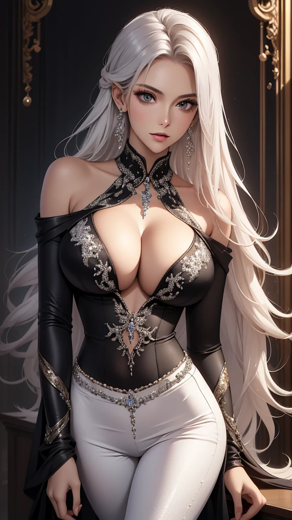 Best quality, masterpiece, realistic, Beautiful sexy cool tall, slim, fit woman, wearing fancy silver-white sequin top and black pants, intricate and highly detailed, cleavage, long silver hair, body chain, jewelry.
