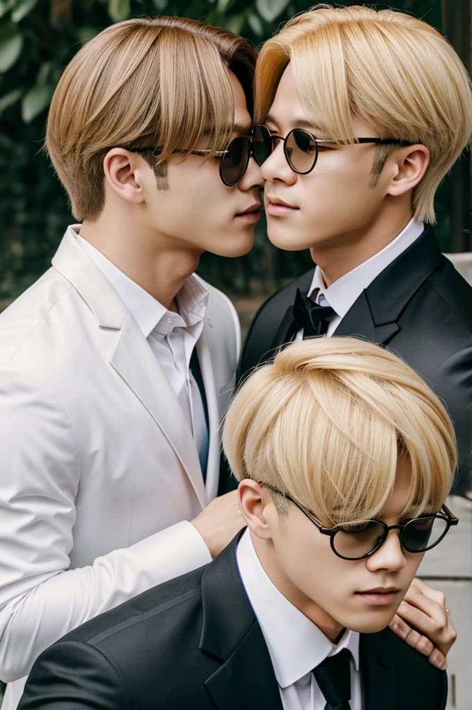 Park Jimin blonde and with glasses, with a groom's suit