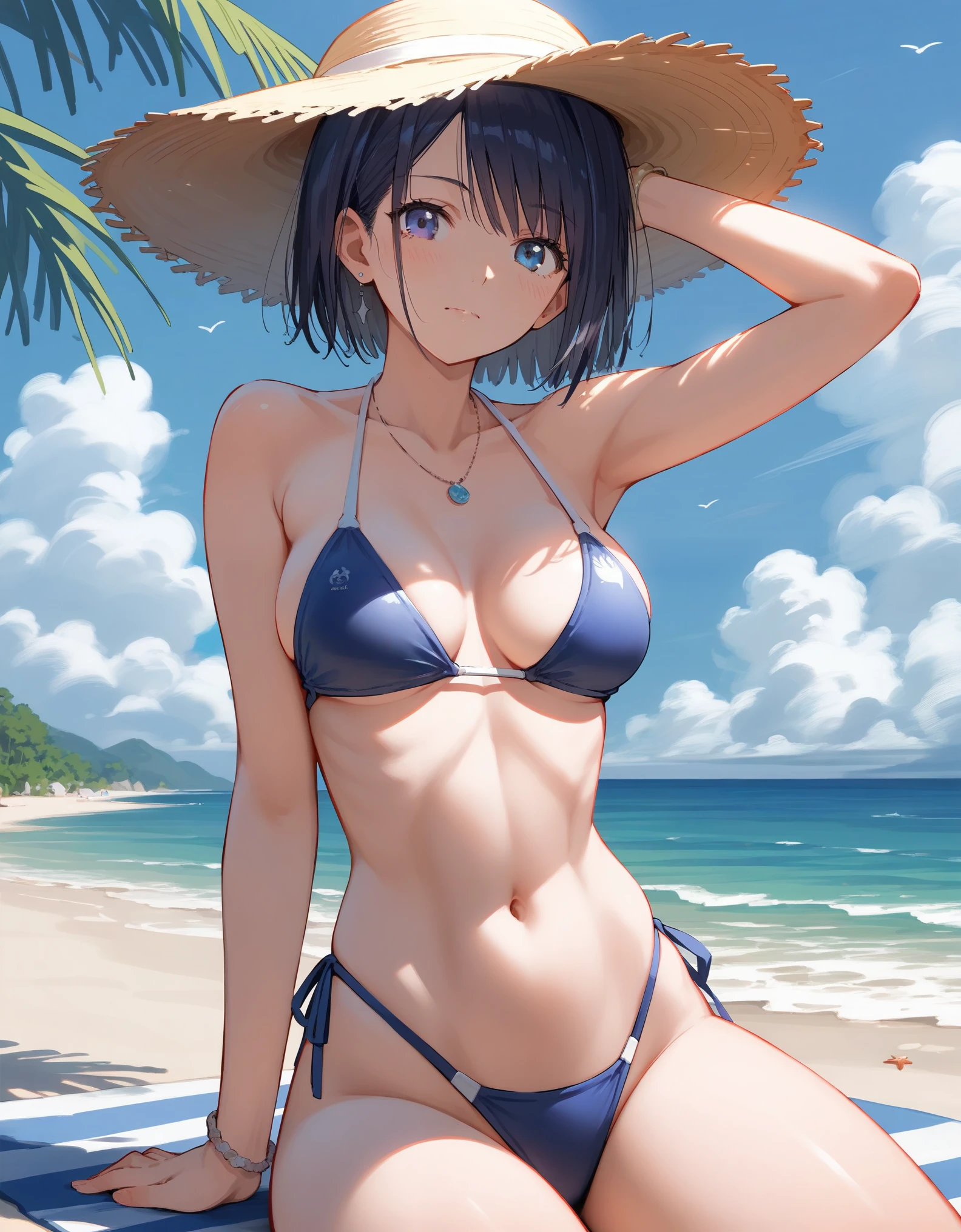 a cartoon picture of a woman in a bikini sitting on a beach, an anime drawing by Kentaro Miura, pixiv, process art, sfw version, | fine detail anime, deviantart artstation cgscosiety, oppai, breasts covered and sfw, official fanart behance hd, at the beach, is wearing a swimsuit, clean detailed anime art, anatomically correct, super detail, high quality, 4K