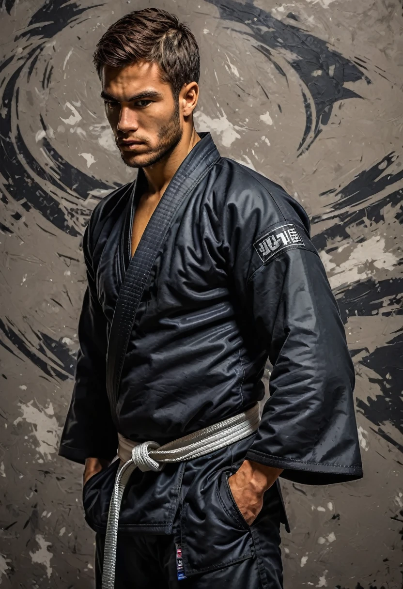 Abstract artistic background. vintage illustration, (jiu jitsu black belt fighter looking forward wearing a black jiujitsu gi 1.5 +++), figuras, monocromatic. textured background. oil on canvas. modern art. gris, wall-paper, posters, card, mural, print, wall art --ar 1:3