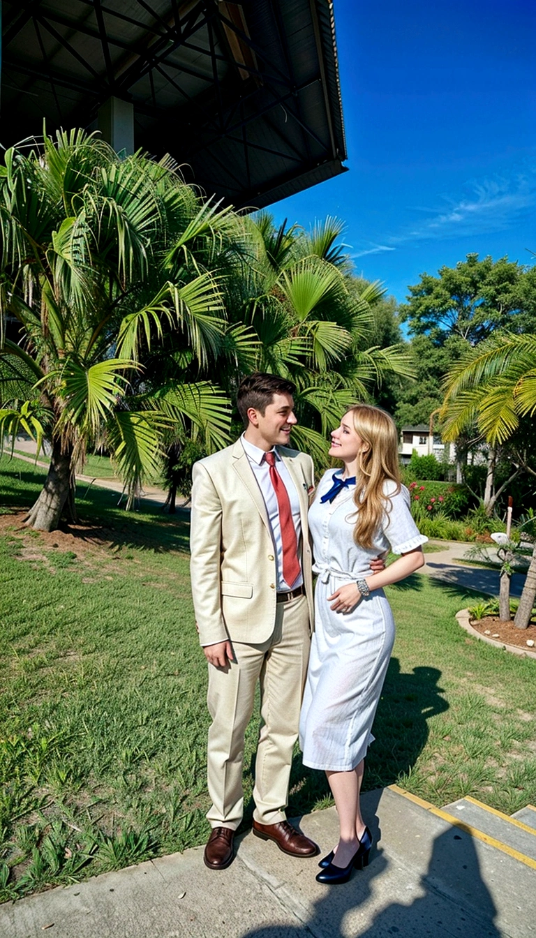 An illustration of an adorable couple, Featured is a smiling white man and a white woman with beautiful expressive eyes - the man's skin is white and the man's hair is white while the woman's skin is white and the woman's hair is straight and blonde. They are a bright room, each with a smile on their face, and share a special moment characterized by love, Perceptions. Illustrate this scene from a perspective where they are facing the camera, Smiling and showing your connection. Develop this art in Full HD, Focus on your cinematic flair, Estilo Disney Pixar Animations