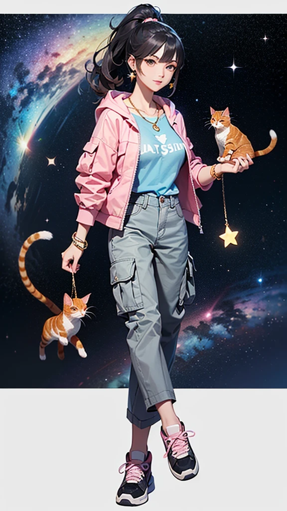 (((Holding a cute orange bantam cat in both hands))),((Highest quality,masterpiece,Full body front view of a mature beauty with big breasts,Air bangs,Blue gray high ponytail super long straight hair,Slightly curly hair on double sideburns,Hair ends curled in,Gray and pink short T-shirt,Light blue denim gray hooded jacket,Black and gray long and wide cargo pants,Pink and white sneakers)),Simple, small and exquisite round necklace,Little star earrings,Wearing a very thin gold bracelet on the right hand,starry sky galaxy background,Look at the camera