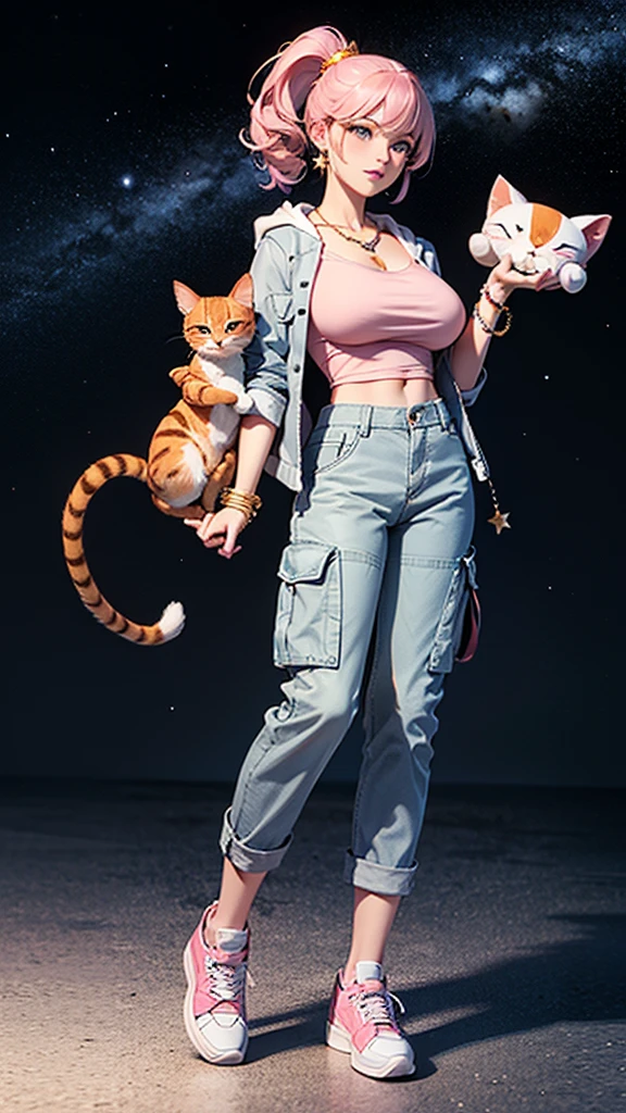 (((Holding a cute orange bantam cat in both hands)))，((Highest quality，masterpiece，Full body front view of a mature beauty with big breasts，Air bangs，Blue gray high ponytail super long straight hair，Slightly curly hair on double sideburns，Hair ends curled in，Gray and pink short T-shirt，Light blue denim gray hooded jacket，Black and gray long and wide cargo pants，Pink and white sneakers))，Simple, small and exquisite round necklace，Little star earrings，Wearing a very thin gold bracelet on the right hand，starry sky galaxy background，Look at the camera