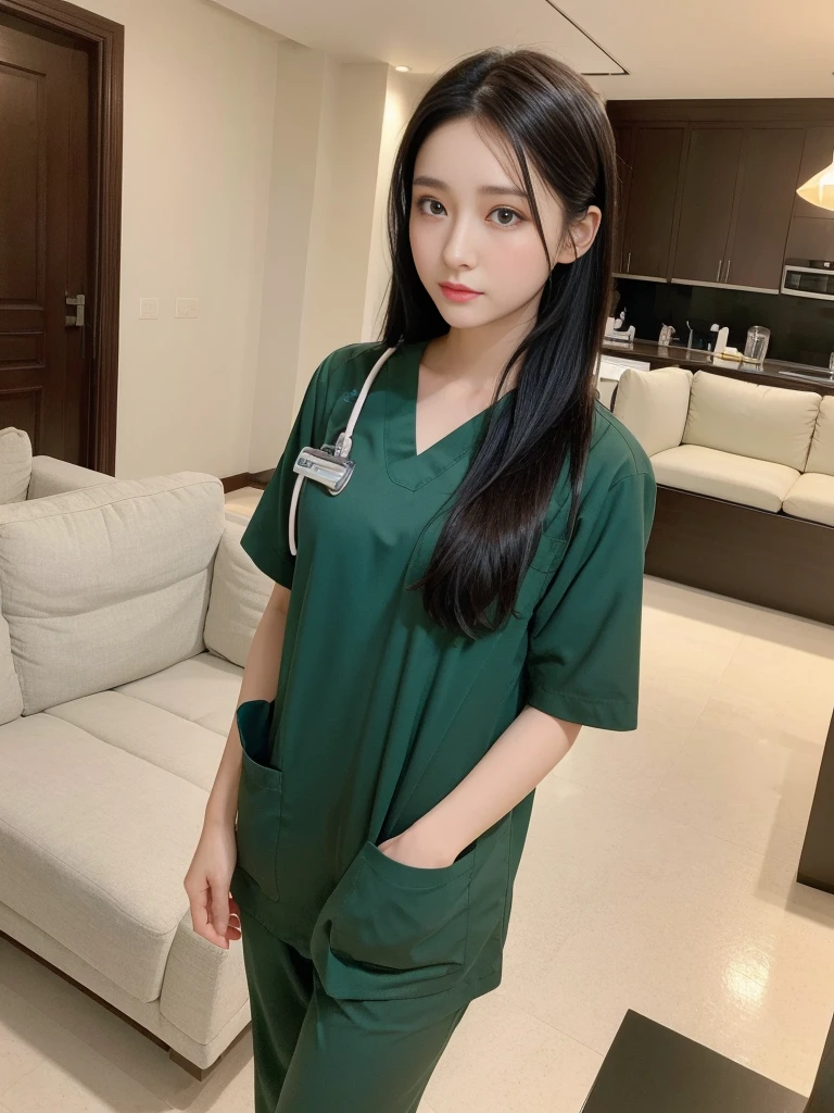 Beautiful girl in scrubs standing in front of living room sofa., walk into the house.,Medium bust,long black hair,sexually,green scrub,realistically,realistic