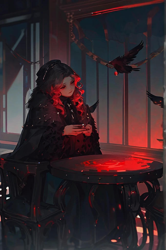 ((Лучшее качество)), ((шедевр)), (подробный), Gothic table with crows and red light