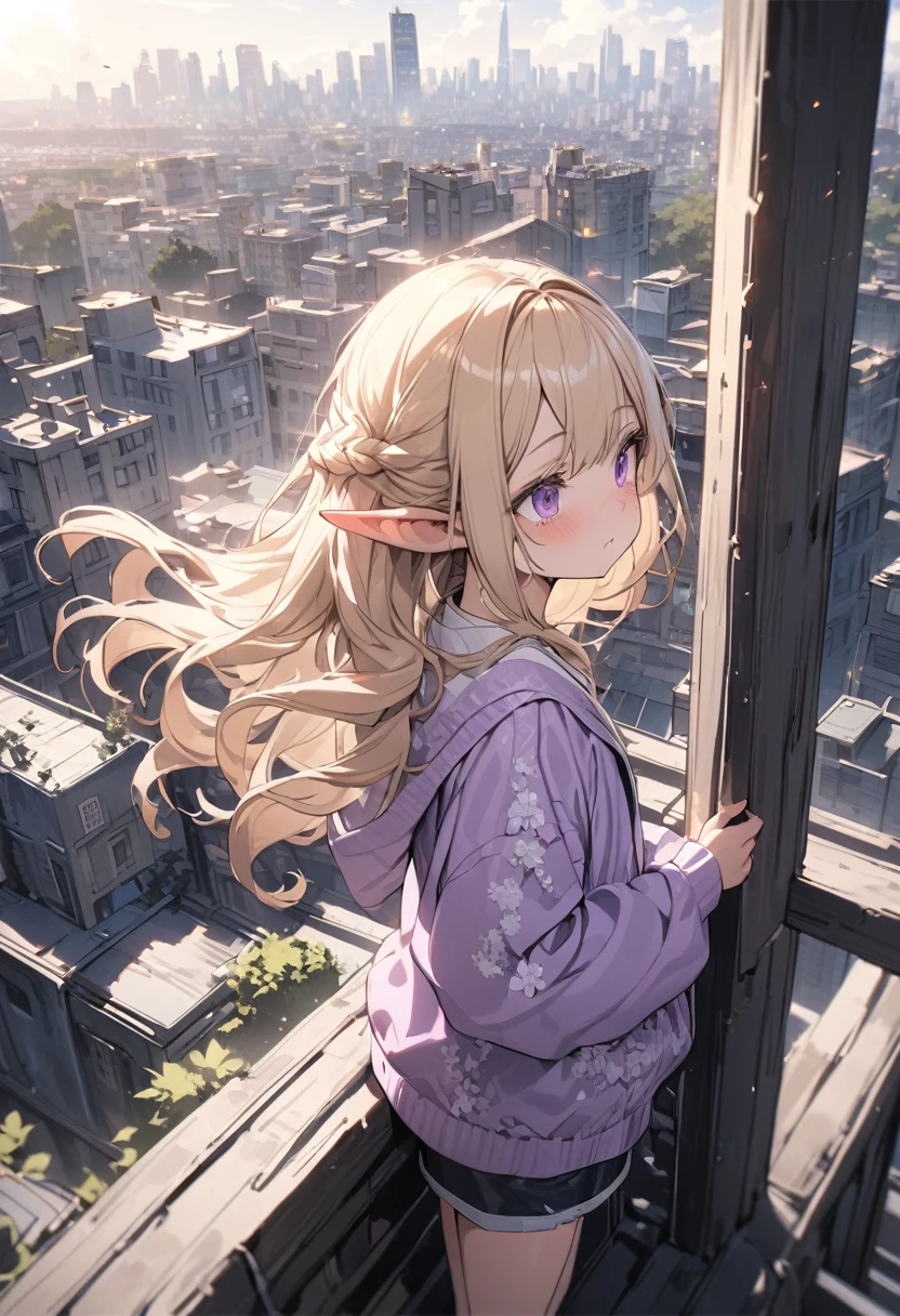 ((Masterpiece)), ((best quality)), (ultra-detailed), ((kawaii)), ((extremely detailed)), 4K, (8K), (super detail:1.2),(High Definition:1.3), (Professional Photography:1.2), (wide shot), cinematic lighting, (sharp focus), (perfect light), ((1girl)), ((12 years old)), cute young girl, from side, (Panicked face,:1.3), (Beautiful purple eyes:1.2), (dark skin), elf girl, wear a long cardigan, , slender waist, (long bangs), very long bangs, Shiny unruly hair, long hair, ((beautiful blond hair)), shortpants, BREAK, ((best quality)), (Panicked Pose:1.3), (on rooftop), paris cityscape,