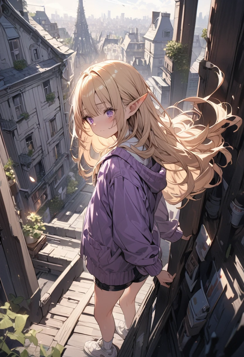 ((Masterpiece)), ((best quality)), (ultra-detailed), ((kawaii)), ((extremely detailed)), 4K, (8K), (super detail:1.2),(High Definition:1.3), (Professional Photography:1.2), (wide shot), cinematic lighting, (sharp focus), (perfect light), ((1girl)), ((12 years old)), cute young girl, from side, (Panicked face,:1.3), (Beautiful purple eyes:1.2), (dark skin), elf girl, wear a long cardigan, , slender waist, (long bangs), very long bangs, Shiny unruly hair, long hair, ((beautiful blond hair)), shortpants, BREAK, ((best quality)), (Panicked Pose:1.3), (on rooftop), paris cityscape,