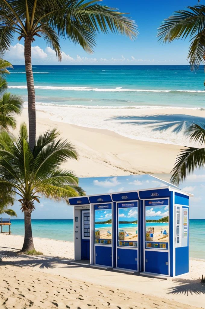 Realistic photo of a beach with kiosks, on a sunny day, realistic water and tile