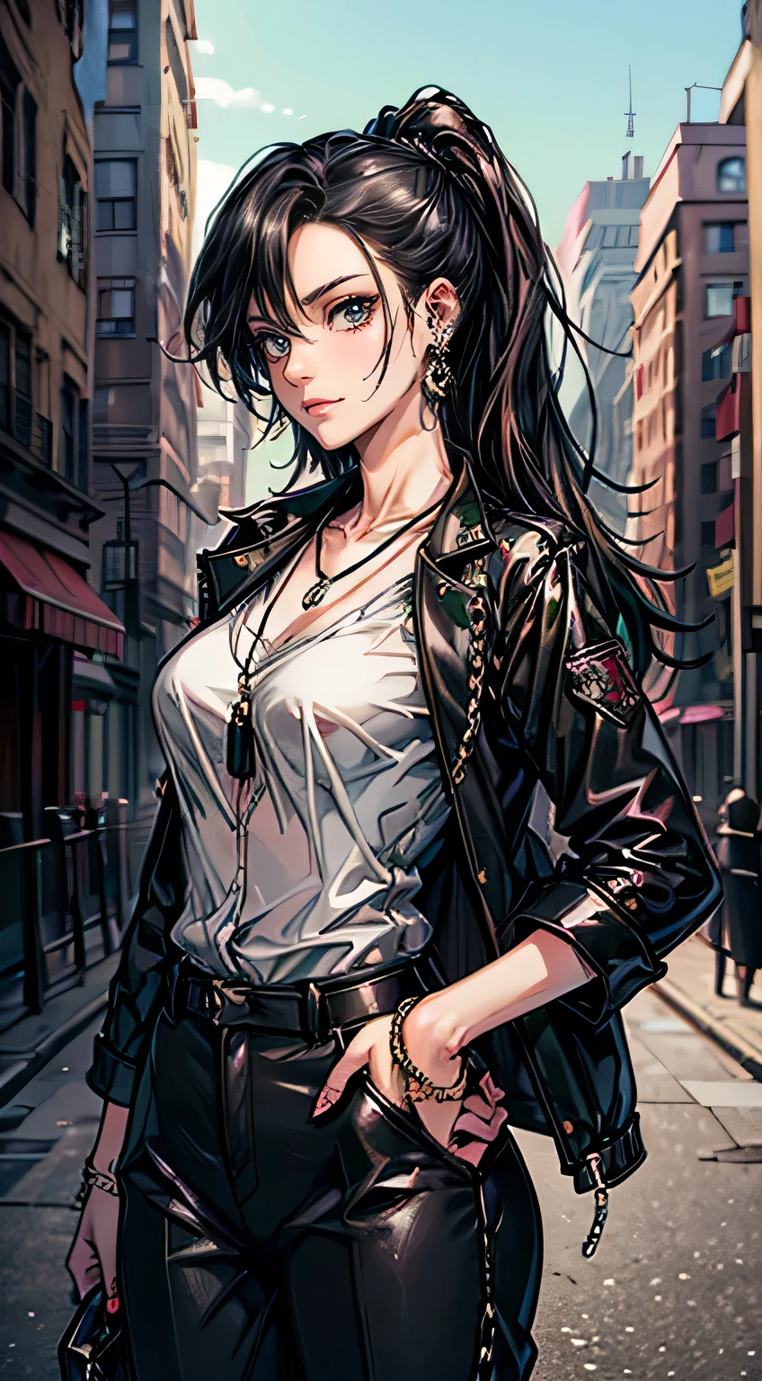 (masterpiece, Best quality, A high resolution, ultra detailed), 1 woman, long black hair, green eyes, Beautiful, Detailed eyes and face, Perfect body, earrings, ear piercing,  unbuttoned black jacket, White shirt, trousers, naked collarbones, chain necklace, city slum background, by Amano Akira