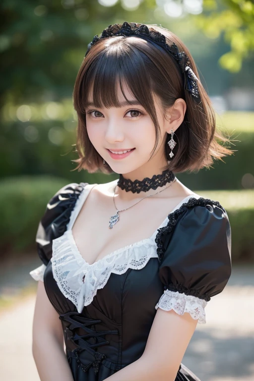 girl, White skin, ((Dark brown short tiered hair)), V cut with layers and bangs, Brown eyes, Soft atmosphere characteristics (Highest quality, Ultra-high resolution, 8K, RAW Photos, Ultra-high resolution: 1.2, masterpiece: 1.3), (Realistic, Realistic: 1.37), Very detailed, Professional Lighting, Photon Mapping, Radio City, Physically Based Rendering, ((2People Girl)), (high school girl), Sharp focus:1.2、Beautiful woman:1.4,cute, Nice, Adorable, smile, Normal chest, necklace、Gothic ta Fashion、Earrings、They are smiling with their arms folded