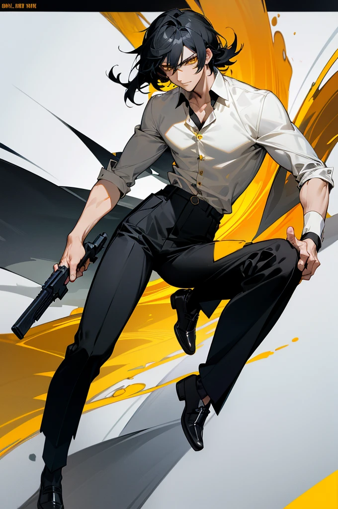 1man, anime style, golden yellow eyes, black hair, white shirt, black suit, black shoes, gun , black pants, hd, ultra hd, ultra detail, masterpiece, 4k, Cool, facial details, handsome face