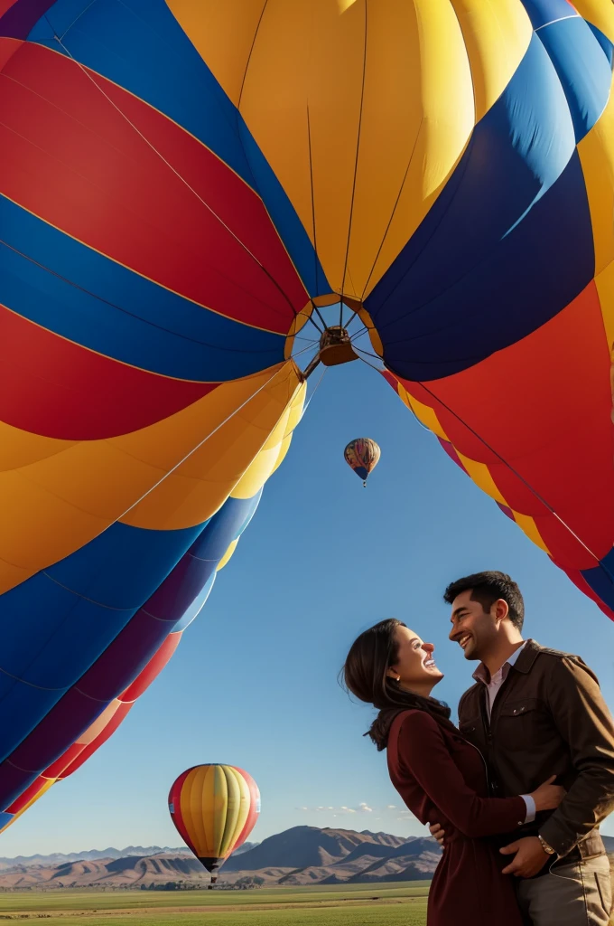 Two people in a hot air balloon looking at each other