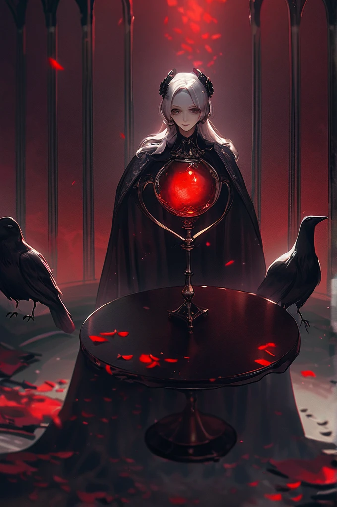 ((Лучшее качество)), ((шедевр)), (подробный), Gothic table with crows and red light