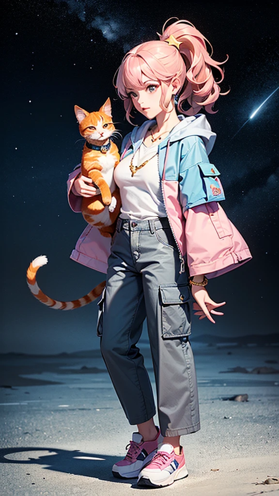 (((Holding a cute orange bantam cat in both hands))),((Highest quality,masterpiece,Full body front view of a mature beauty with big breasts,Air bangs,Blue gray high ponytail super long straight hair,Slightly curly hair on double sideburns,Hair ends curled in,Gray and pink short T-shirt,Light blue denim gray hooded jacket,Black and gray long and wide cargo pants,Pink and white sneakers)),Simple, small and exquisite round necklace,Little star earrings,Wearing a very thin gold bracelet on the right hand,starry sky galaxy background,Look at the camera