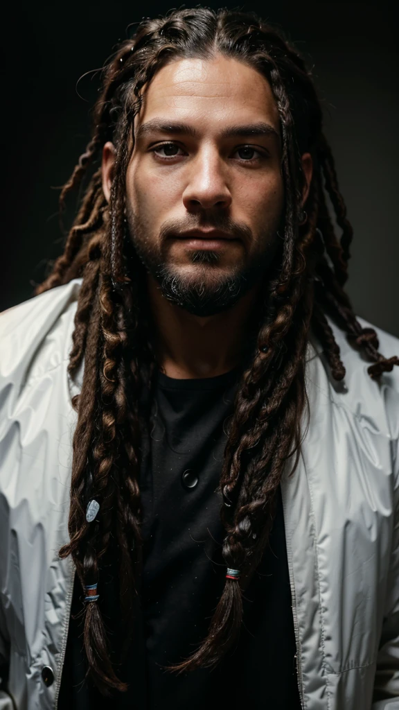 a white man with black dreadlocks, a chin full of beard, wearing a waterproof jacket, looking straight at the camera, high quality, photorealistic, detailed portrait, studio lighting, natural skin tones, intricate details, sharp focus, cinematic lighting, 8k, masterpiece