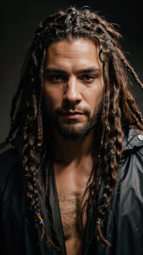 a white man with black dreadlocks, a chin full of beard, wearing a waterproof jacket, looking straight at the camera, high quality, photorealistic, detailed portrait, studio lighting, natural skin tones, intricate details, sharp focus, cinematic lighting, 8k, masterpiece