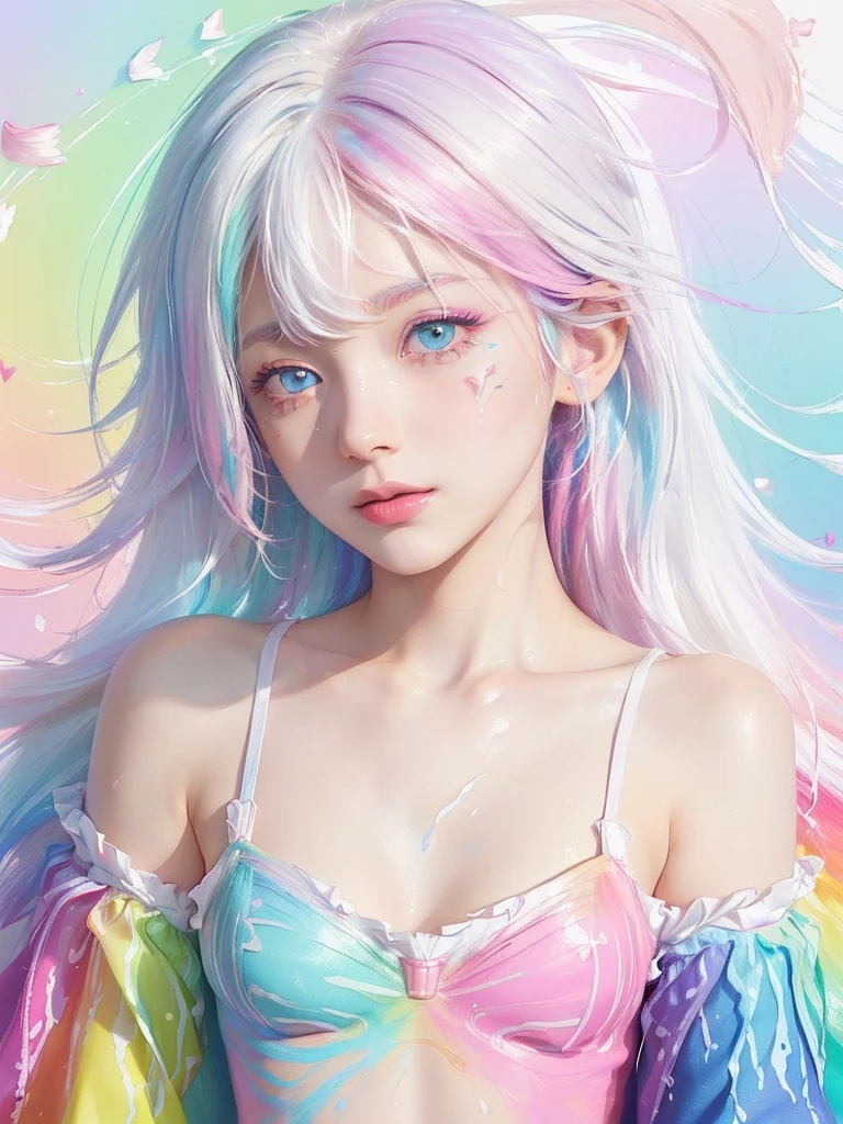 （Pink Fashion T-shirt：1.9），(Colorful hair: 1.8), (all the colours of the rainbow: 1.8),(((((vertical painting：1.6))), （painting：1.6），front, comics, illustrations, paintings, large eyes, crystal clear eyes,（ rainbow color gradient high ponytail：1.7）, exquisite makeup, closed mouth,(Small Fresh: 1.5),(Wipe Chest: 1.6) ，long eyelashes, white off shoulder T-shirt,  White Shoulder Shirt，looking at the audience, large watery eyes, (rainbow colored hair：1.6), color splash, （solo：1.8）, color splash, color explosion, thick paint style, messy lines, ((shining))，(colorful), (colorful), (colorful), colorful, Thick Paint Style, (Splash) (Color Splash), Vertical Painting, Upper Body, Paint Splash, Acrylic Pigment, Gradient, Paint, Highest Image Quality, Highest Quality, Masterpiece, Solo, Depth of Field, Face Paint,  colorful clothes, (Elegant: 1.2), gorgeous,long hair, wind, (Elegant: 1.3), (Petals: 1.4)，(((masterpiece))),(((best quality))),((ultra-detailed)),(illustration),(dynamic angle),((floating)),(paint),((disheveled hair)),(solo),(1girl) , (((detailed anima face))),((beautiful detailed face)),collar,bare shoulders,white hair, ((colorful hair)),((streaked hair)),beautiful detailed eyes,(Gradient color eyes),(((colorful eyes))),(((colorful background))),(((high saturation))),(((surrounded by colorful splashes))),