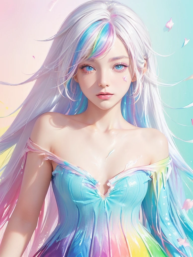 （Pink Fashion T-shirt：1.9），(Colorful hair: 1.8), (all the colours of the rainbow: 1.8),(((((vertical painting：1.6))), （painting：1.6），front, comics, illustrations, paintings, large eyes, crystal clear eyes,（ rainbow color gradient high ponytail：1.7）, exquisite makeup, closed mouth,(Small Fresh: 1.5),(Wipe Chest: 1.6) ，long eyelashes, white off shoulder T-shirt,  White Shoulder Shirt，looking at the audience, large watery eyes, (rainbow colored hair：1.6), color splash, （solo：1.8）, color splash, color explosion, thick paint style, messy lines, ((shining))，(colorful), (colorful), (colorful), colorful, Thick Paint Style, (Splash) (Color Splash), Vertical Painting, Upper Body, Paint Splash, Acrylic Pigment, Gradient, Paint, Highest Image Quality, Highest Quality, Masterpiece, Solo, Depth of Field, Face Paint,  colorful clothes, (Elegant: 1.2), gorgeous,long hair, wind, (Elegant: 1.3), (Petals: 1.4)，(((masterpiece))),(((best quality))),((ultra-detailed)),(illustration),(dynamic angle),((floating)),(paint),((disheveled hair)),(solo),(1girl) , (((detailed anima face))),((beautiful detailed face)),collar,bare shoulders,white hair, ((colorful hair)),((streaked hair)),beautiful detailed eyes,(Gradient color eyes),(((colorful eyes))),(((colorful background))),(((high saturation))),(((surrounded by colorful splashes))),