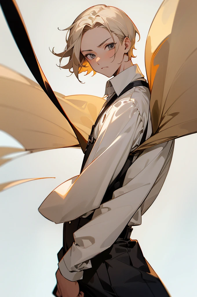 1boy, looking at viewer, cowboy shot, male focus, (white background), (blank background), standing, mature male, 15 years old, (beige hair), (extra-short hair), forehead, gray eyes, suspender, long-sleeves, white dress shirt, black dress pants, perfectly structured, highly detailed, vibrant colors, composite lighting, professional shading, sharp and crisp image, high quality textures, natural proportions, detailed face, best quality, anime-style
